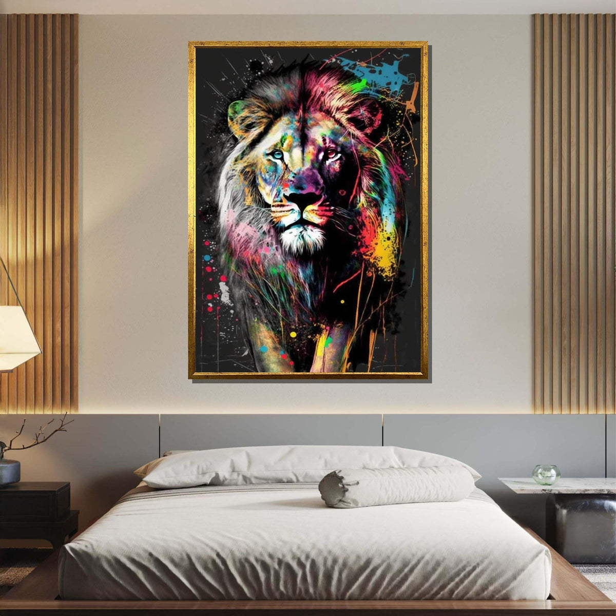 Colorful Lion Canvas Art, Abstract Animal Portrait, Bold Lion Wall Decor,Multicolor Splatter Lion, Vibrant Wildlife Art,Framed Ready to Hang