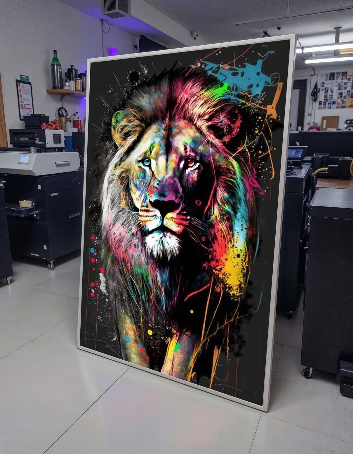 Colorful Lion Canvas Art, Abstract Animal Portrait, Bold Lion Wall Decor,Multicolor Splatter Lion, Vibrant Wildlife Art,Framed Ready to Hang