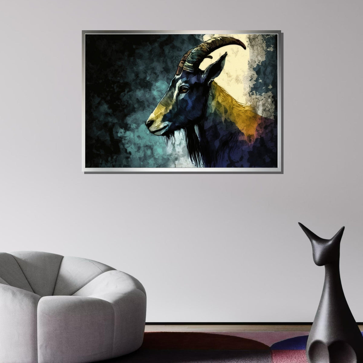 Majestic Goat Portrait Wall Art, Wild Goat Canvas Print, Nature-Inspired Animal Decor, Mountain Goat Watercolor Print Art, Large Wall Art