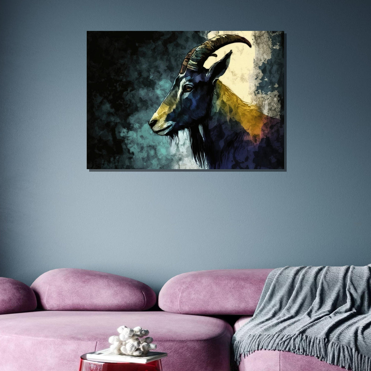Majestic Goat Portrait Wall Art, Wild Goat Canvas Print, Nature-Inspired Animal Decor, Mountain Goat Watercolor Print Art, Large Wall Art