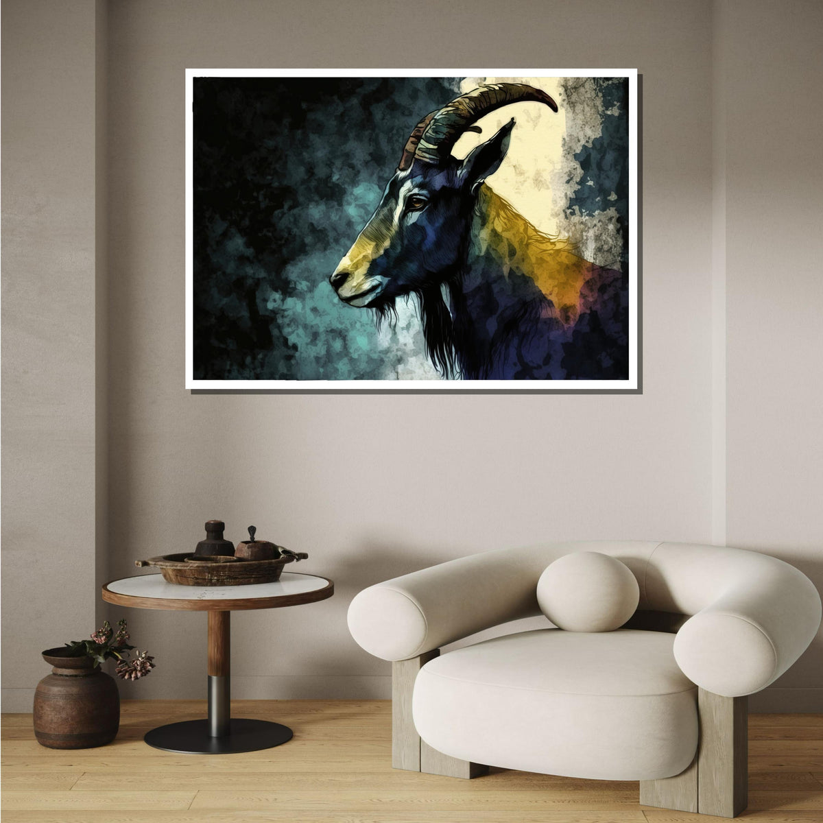 Majestic Goat Portrait Wall Art, Wild Goat Canvas Print, Nature-Inspired Animal Decor, Mountain Goat Watercolor Print Art, Large Wall Art