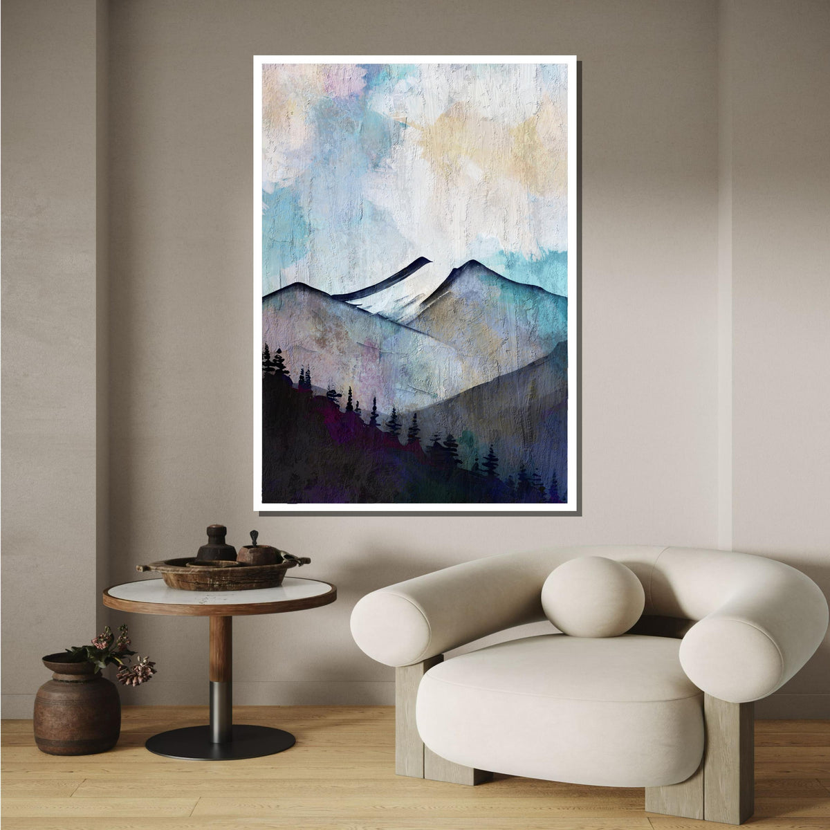 Abstract Mountain Landscape Canvas, Nature Wall Art, Misty Mountain Print, Tranquil Forest Art, Pastel Mountain Decor, Large Wall Art