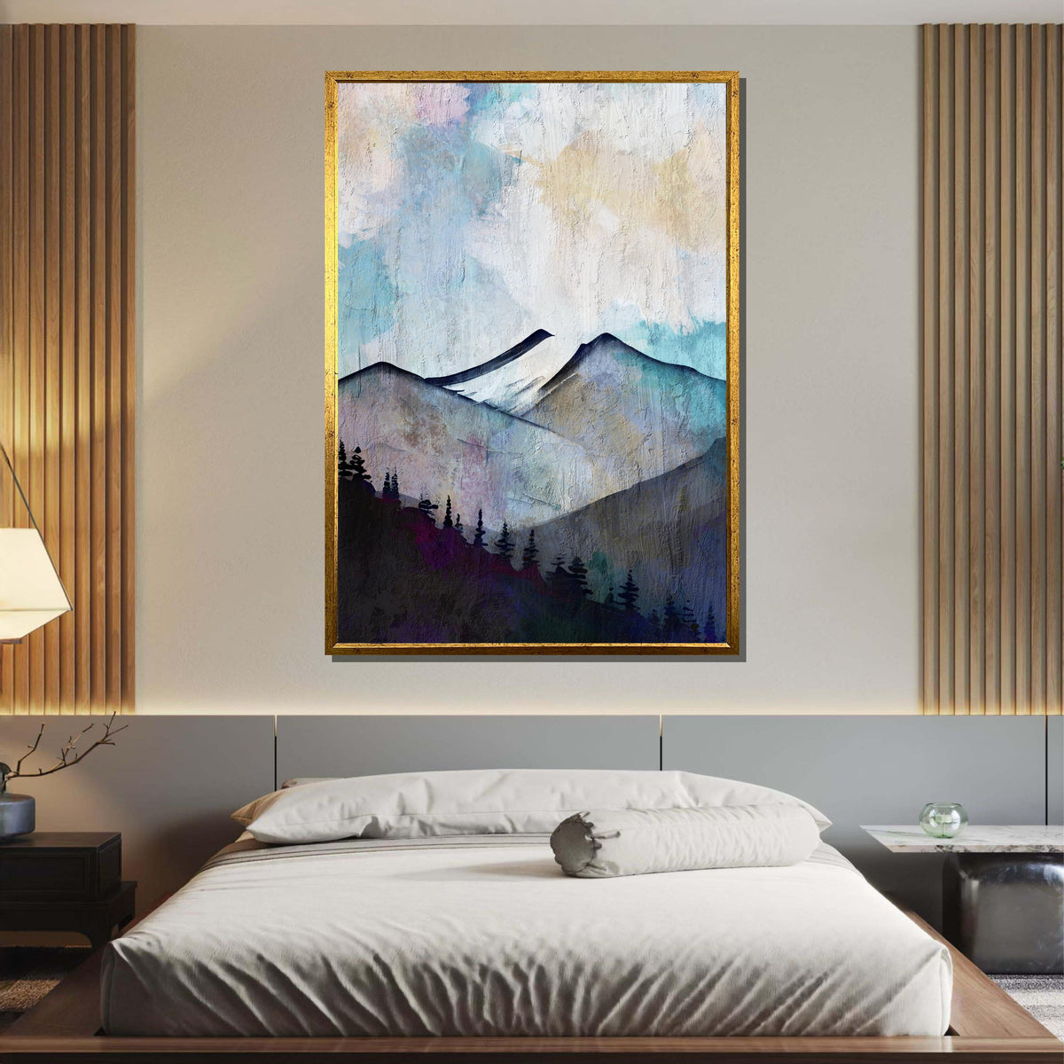 Abstract Mountain Landscape Canvas, Nature Wall Art, Misty Mountain Print, Tranquil Forest Art, Pastel Mountain Decor, Large Wall Art