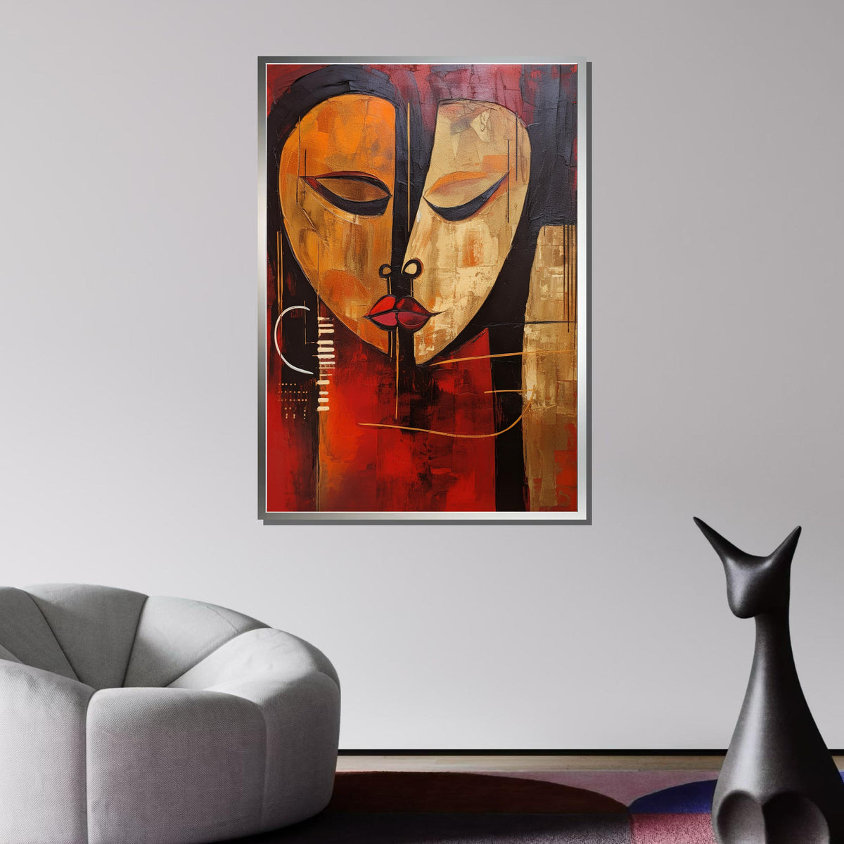 Abstract Face Canvas Art, Modern Expressionist Wall Art, Red and Gold Portrait Painting, Unique African-Inspired Decor,Large Art