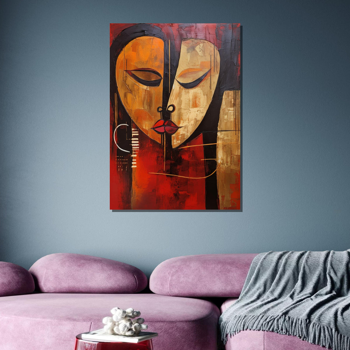 Abstract Face Canvas Art, Modern Expressionist Wall Art, Red and Gold Portrait Painting, Unique African-Inspired Decor,Large Art