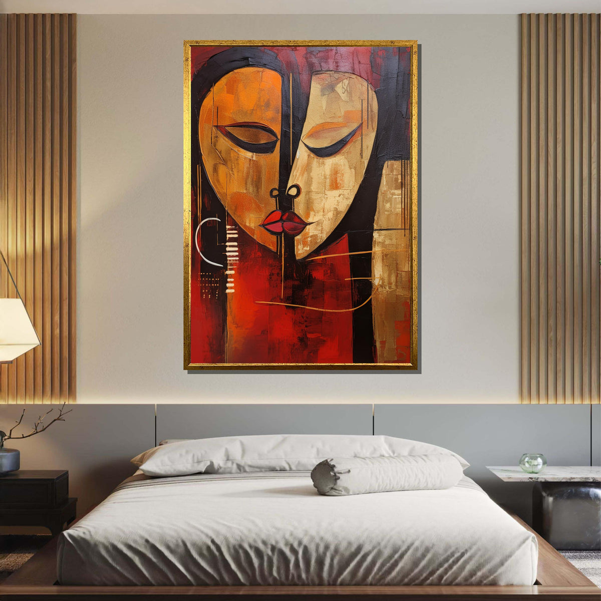Abstract Face Canvas Art, Modern Expressionist Wall Art, Red and Gold Portrait Painting, Unique African-Inspired Decor,Large Art