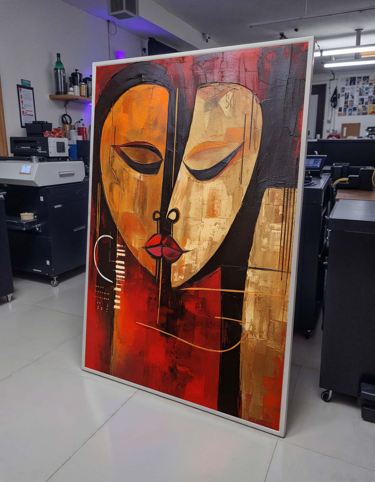 Abstract Face Canvas Art, Modern Expressionist Wall Art, Red and Gold Portrait Painting, Unique African-Inspired Decor,Large Art