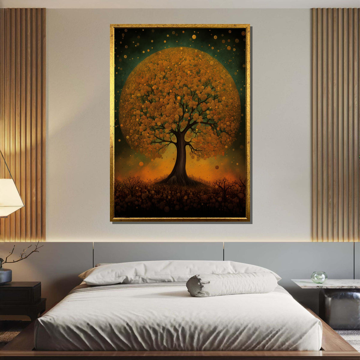Golden Tree of Life Canvas, Enchanted Forest Art, Abstract Nature Wall Decor, Mystical Tree Painting, Autumn Fantasy Art, Large Wall Art