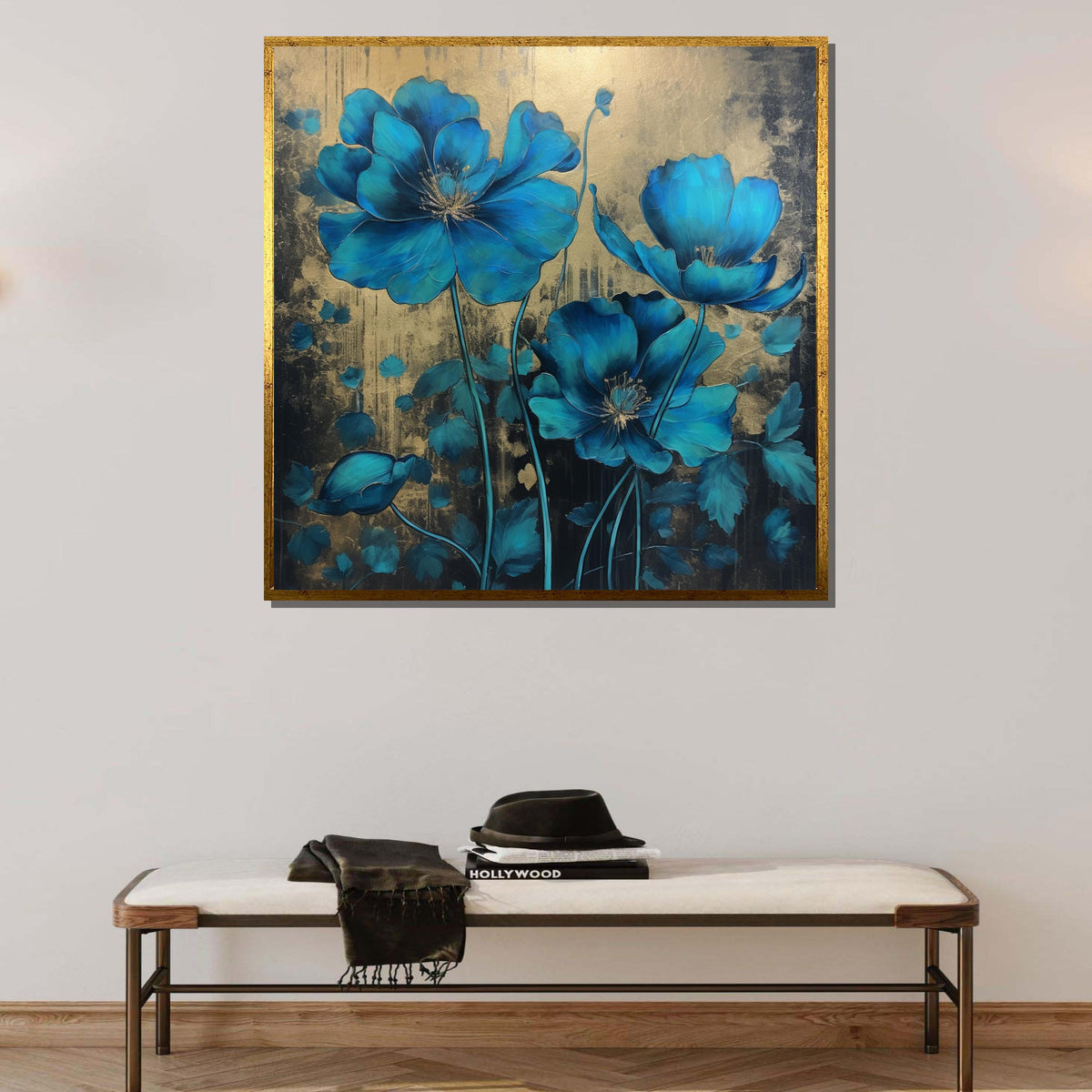 Blue Poppy Canvas Art, Elegant Floral Wall Decor, Gold and Blue Flower Painting, Botanical Art, Luxurious Floral Print,Ready to Hang Canvas