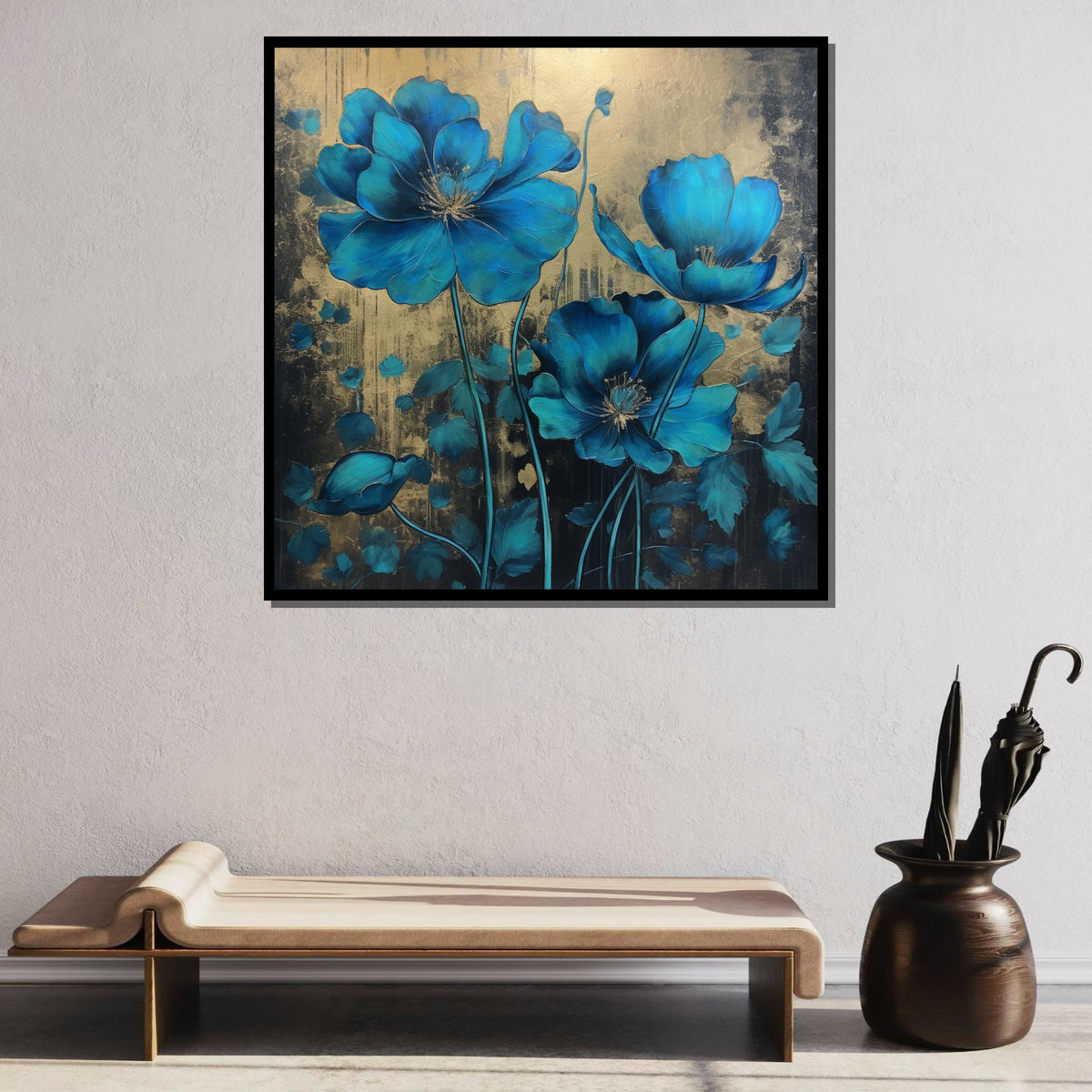 Blue Poppy Canvas Art, Elegant Floral Wall Decor, Gold and Blue Flower Painting, Botanical Art, Luxurious Floral Print,Ready to Hang Canvas