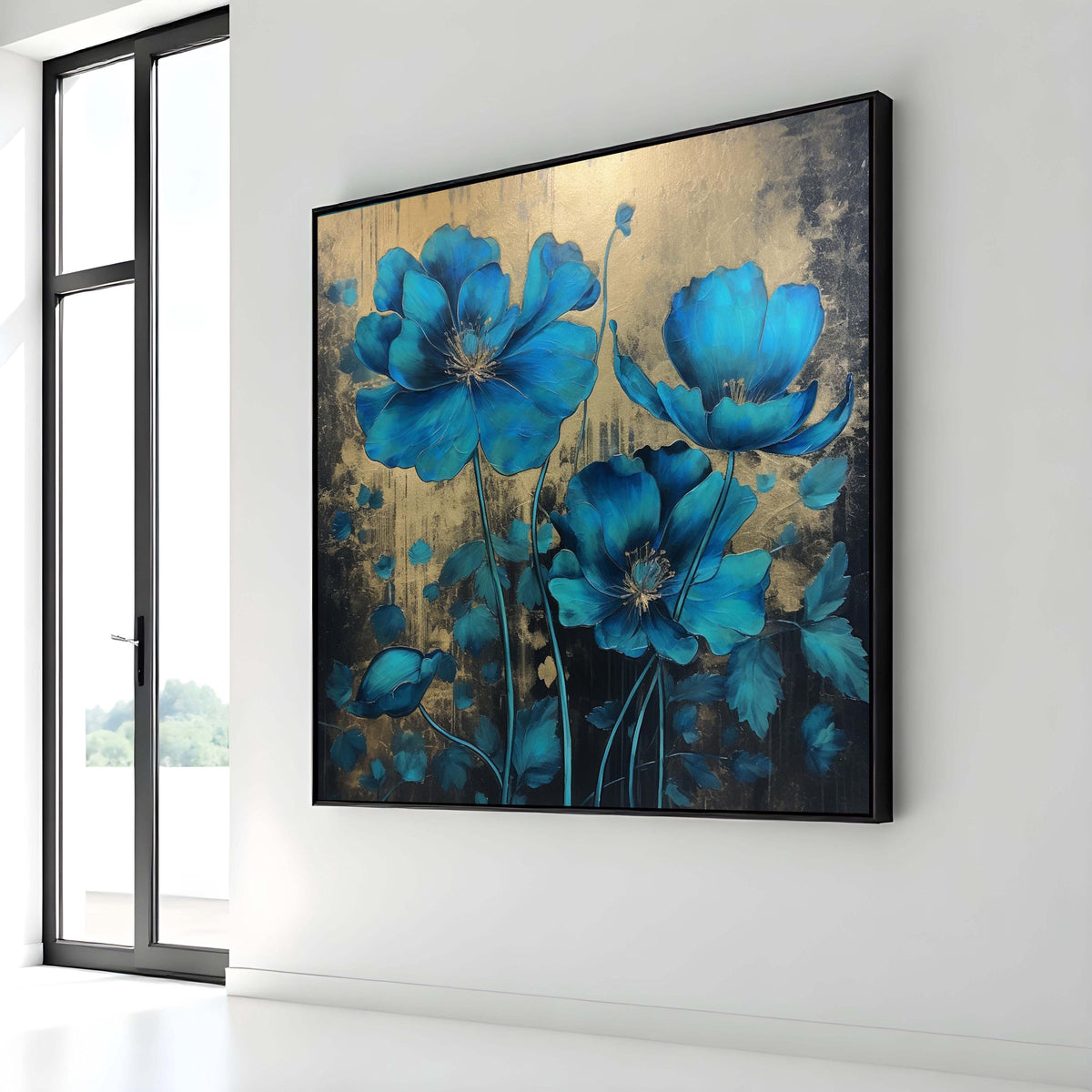 Blue Poppy Canvas Art, Elegant Floral Wall Decor, Gold and Blue Flower Painting, Botanical Art, Luxurious Floral Print,Ready to Hang Canvas