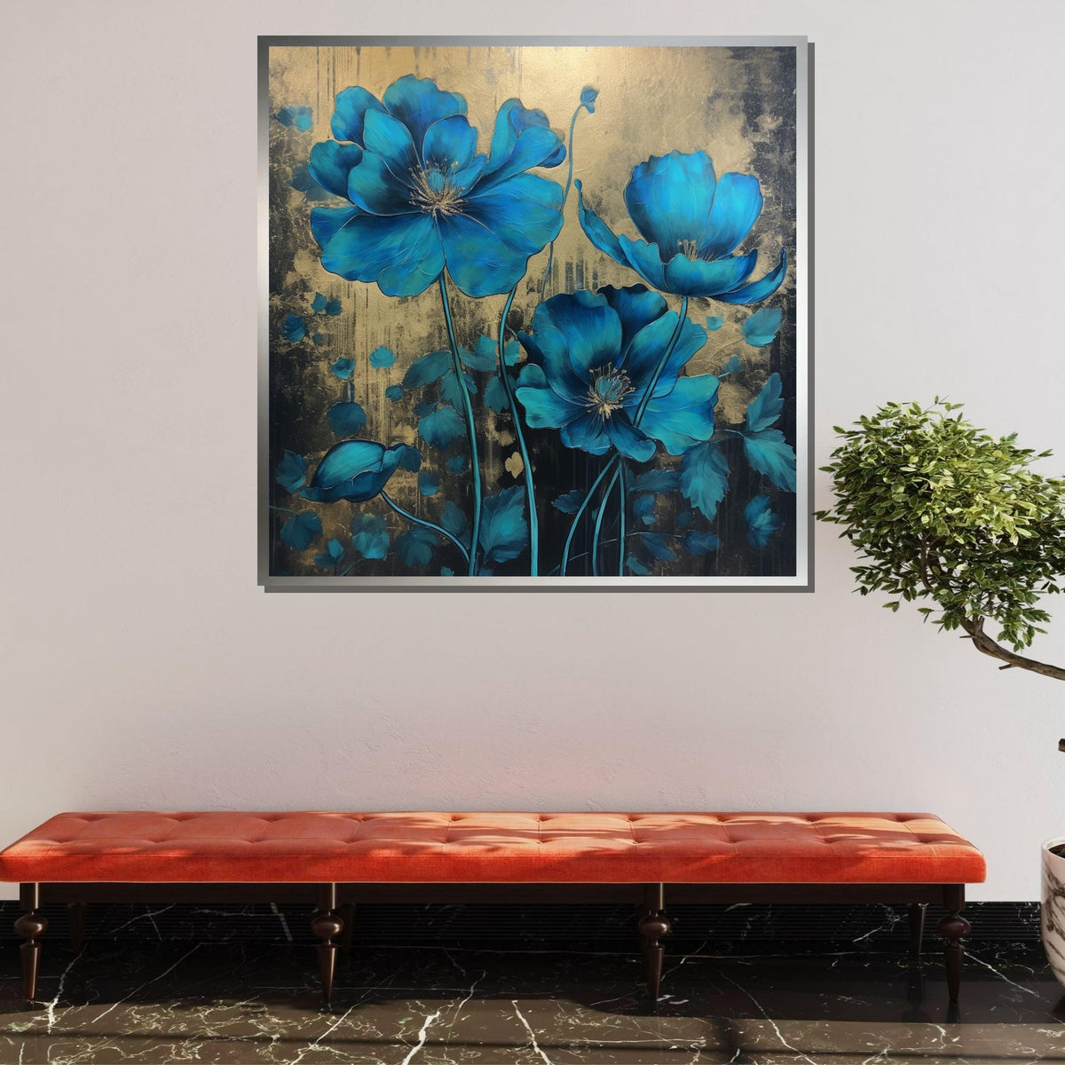 Blue Poppy Canvas Art, Elegant Floral Wall Decor, Gold and Blue Flower Painting, Botanical Art, Luxurious Floral Print,Ready to Hang Canvas