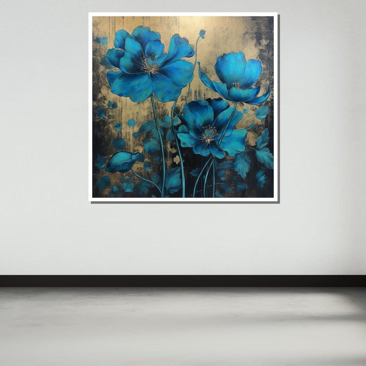 Blue Poppy Canvas Art, Elegant Floral Wall Decor, Gold and Blue Flower Painting, Botanical Art, Luxurious Floral Print,Ready to Hang Canvas