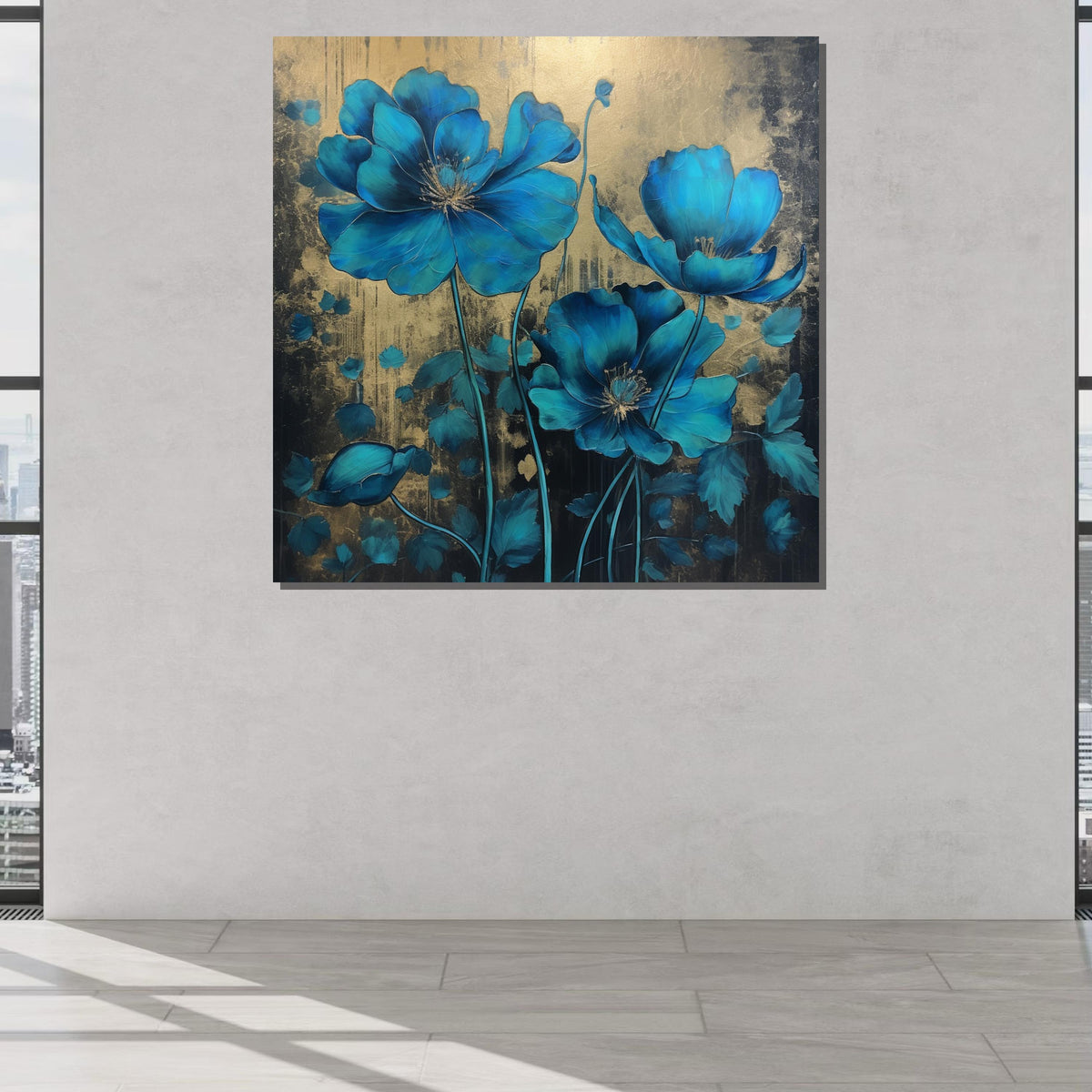 Blue Poppy Canvas Art, Elegant Floral Wall Decor, Gold and Blue Flower Painting, Botanical Art, Luxurious Floral Print,Ready to Hang Canvas