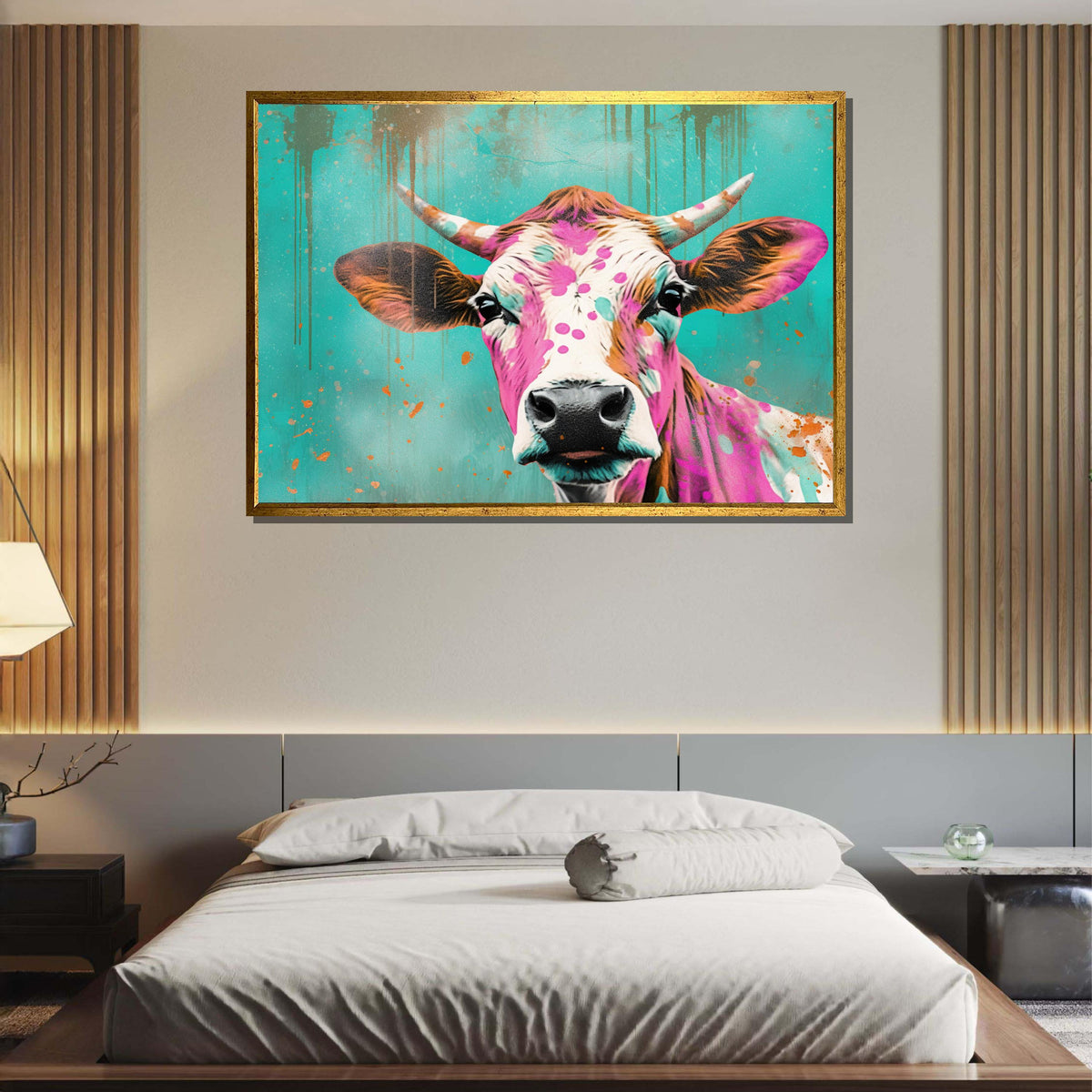 Colorful Cow Canvas Art, Funky Farm Animal Decor, Abstract Pop Art Cow, Vibrant Wall Art, Playful Animal Print, Large Wall Art