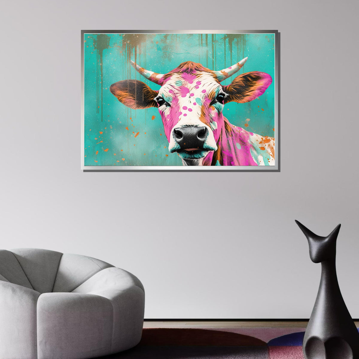 Colorful Cow Canvas Art, Funky Farm Animal Decor, Abstract Pop Art Cow, Vibrant Wall Art, Playful Animal Print, Large Wall Art