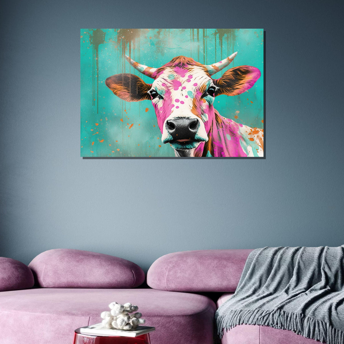 Colorful Cow Canvas Art, Funky Farm Animal Decor, Abstract Pop Art Cow, Vibrant Wall Art, Playful Animal Print, Large Wall Art
