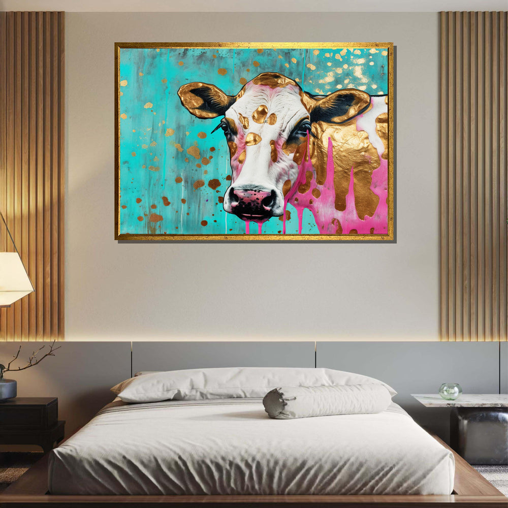 Colorful Gold Cow Canvas Art, Funky Farm Animal Decor, Abstract Pop Art Cow, Vibrant Wall Art, Playful Animal Print, Large Wall Art
