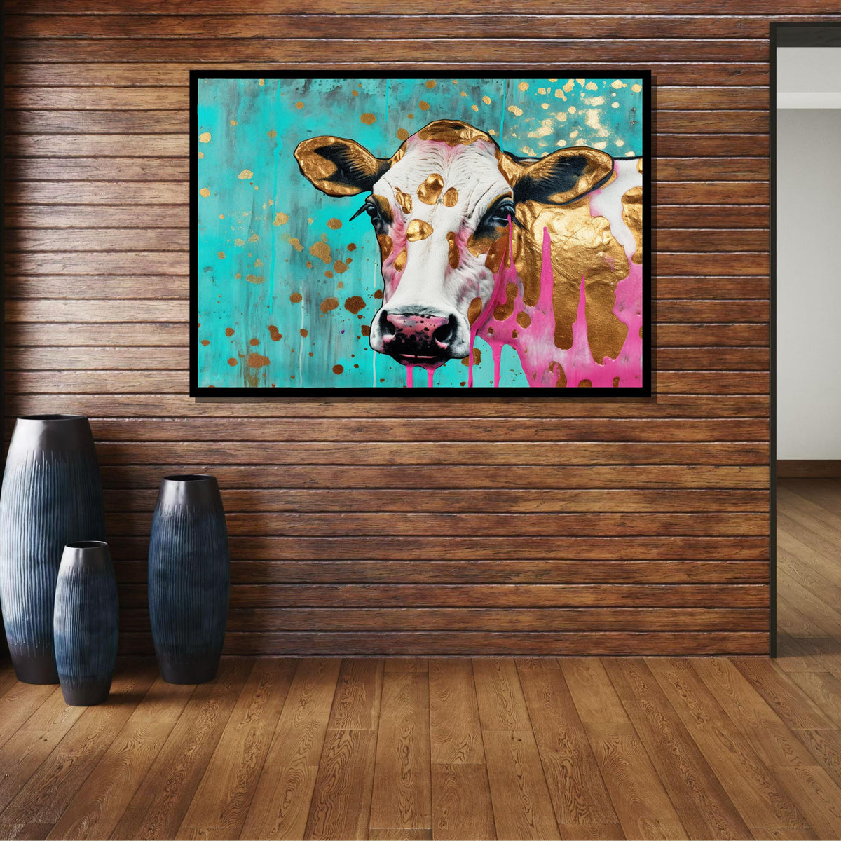 Colorful Gold Cow Canvas Art, Funky Farm Animal Decor, Abstract Pop Art Cow, Vibrant Wall Art, Playful Animal Print, Large Wall Art