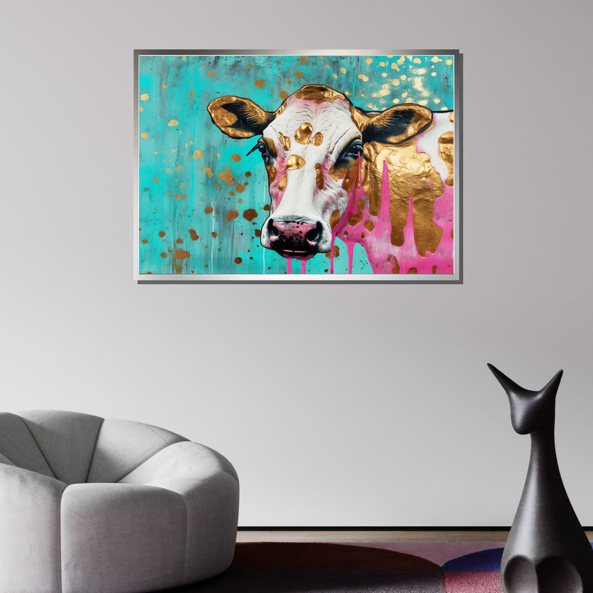 Colorful Gold Cow Canvas Art, Funky Farm Animal Decor, Abstract Pop Art Cow, Vibrant Wall Art, Playful Animal Print, Large Wall Art