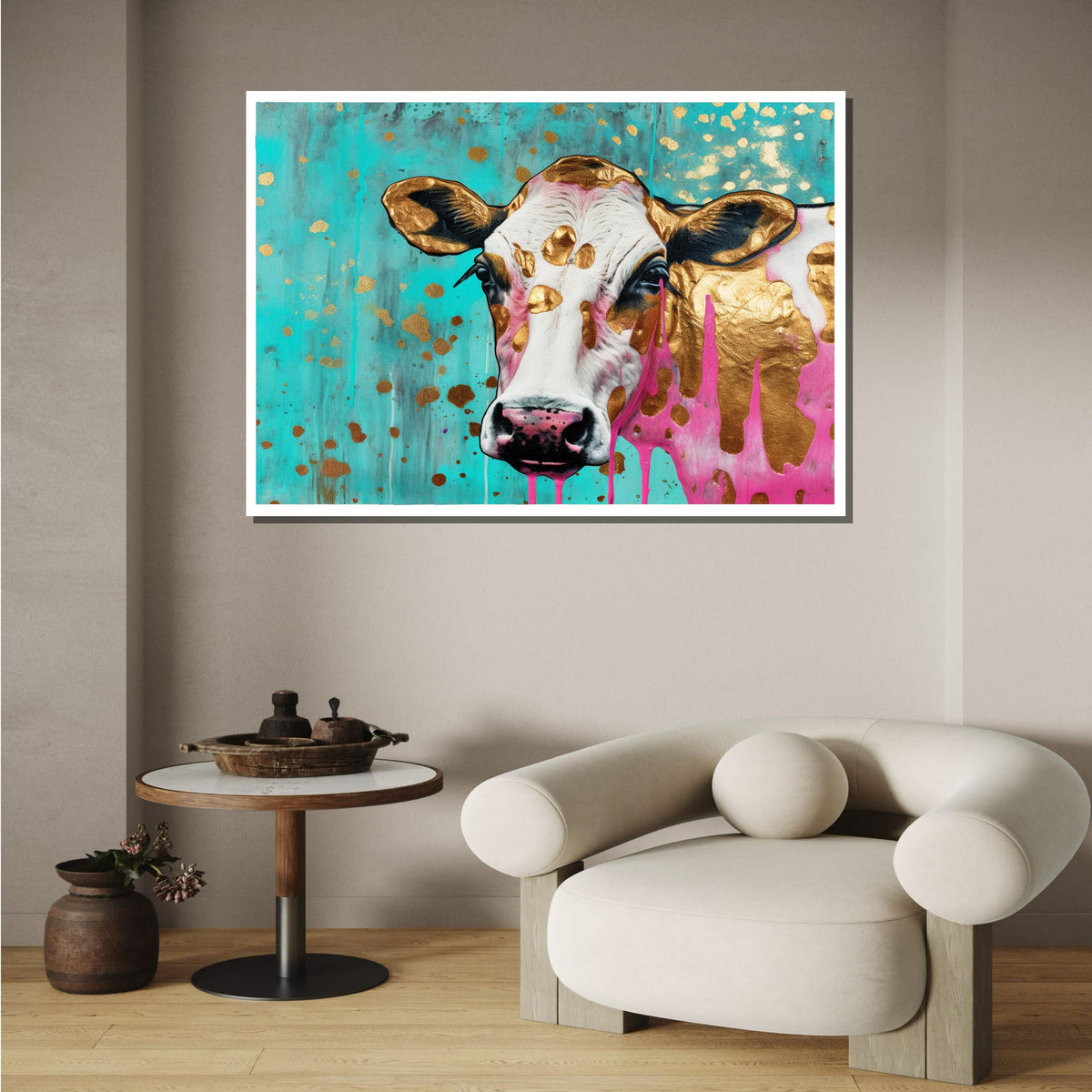 Colorful Gold Cow Canvas Art, Funky Farm Animal Decor, Abstract Pop Art Cow, Vibrant Wall Art, Playful Animal Print, Large Wall Art