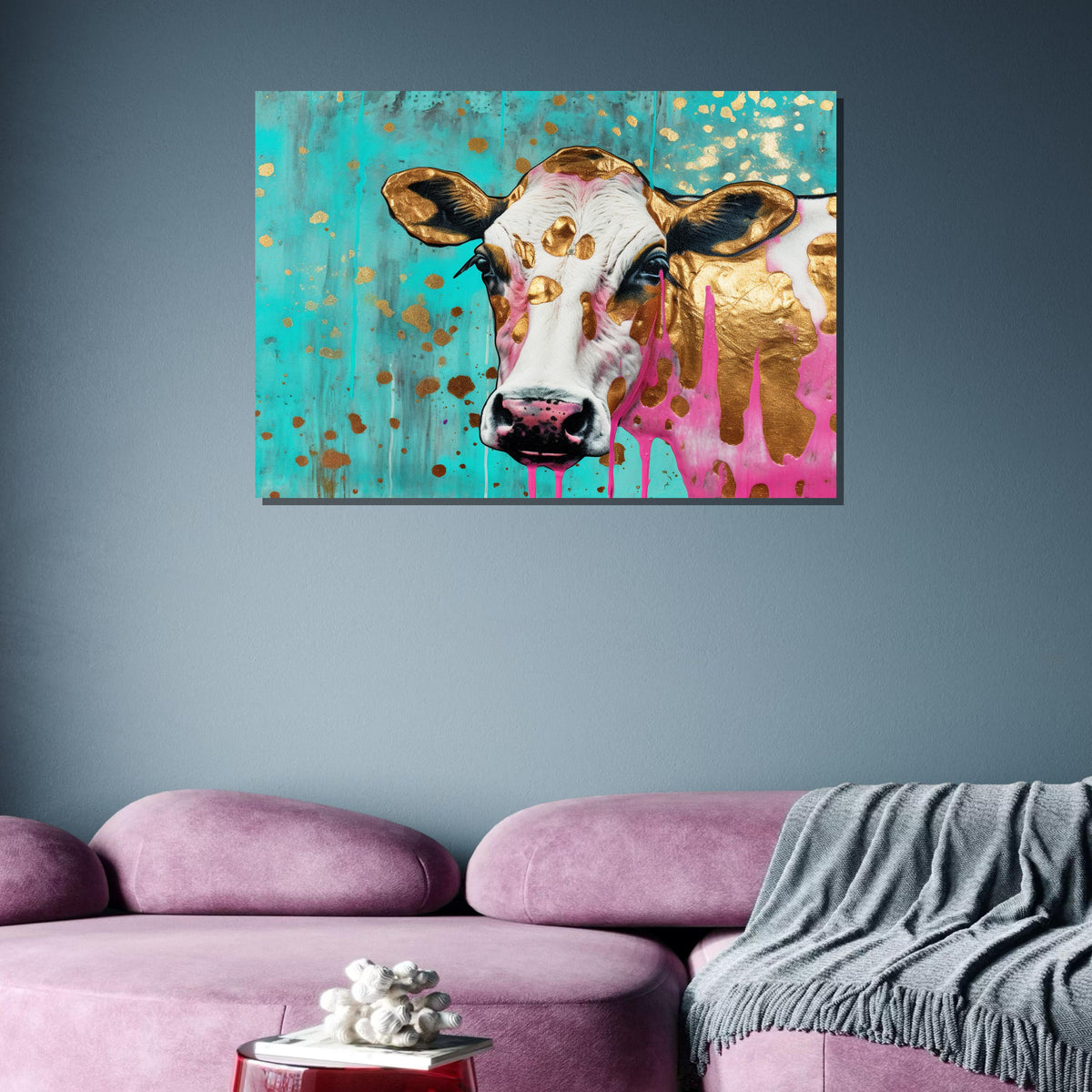 Colorful Gold Cow Canvas Art, Funky Farm Animal Decor, Abstract Pop Art Cow, Vibrant Wall Art, Playful Animal Print, Large Wall Art