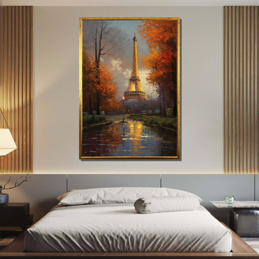 Paris Eiffel Tower in Autumn Canvas, Romantic Cityscape Wall Art, Fall Evening in Paris, Illuminated Eiffel Tower Painting, French Decor