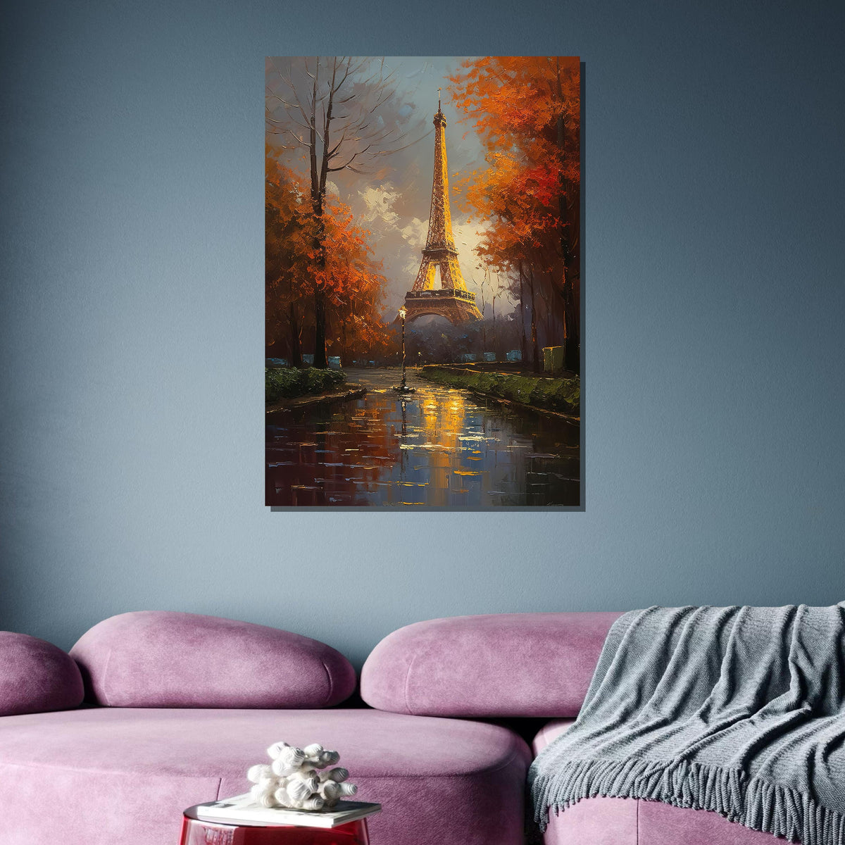 Paris Eiffel Tower in Autumn Canvas, Romantic Cityscape Wall Art, Fall Evening in Paris, Illuminated Eiffel Tower Painting, French Decor