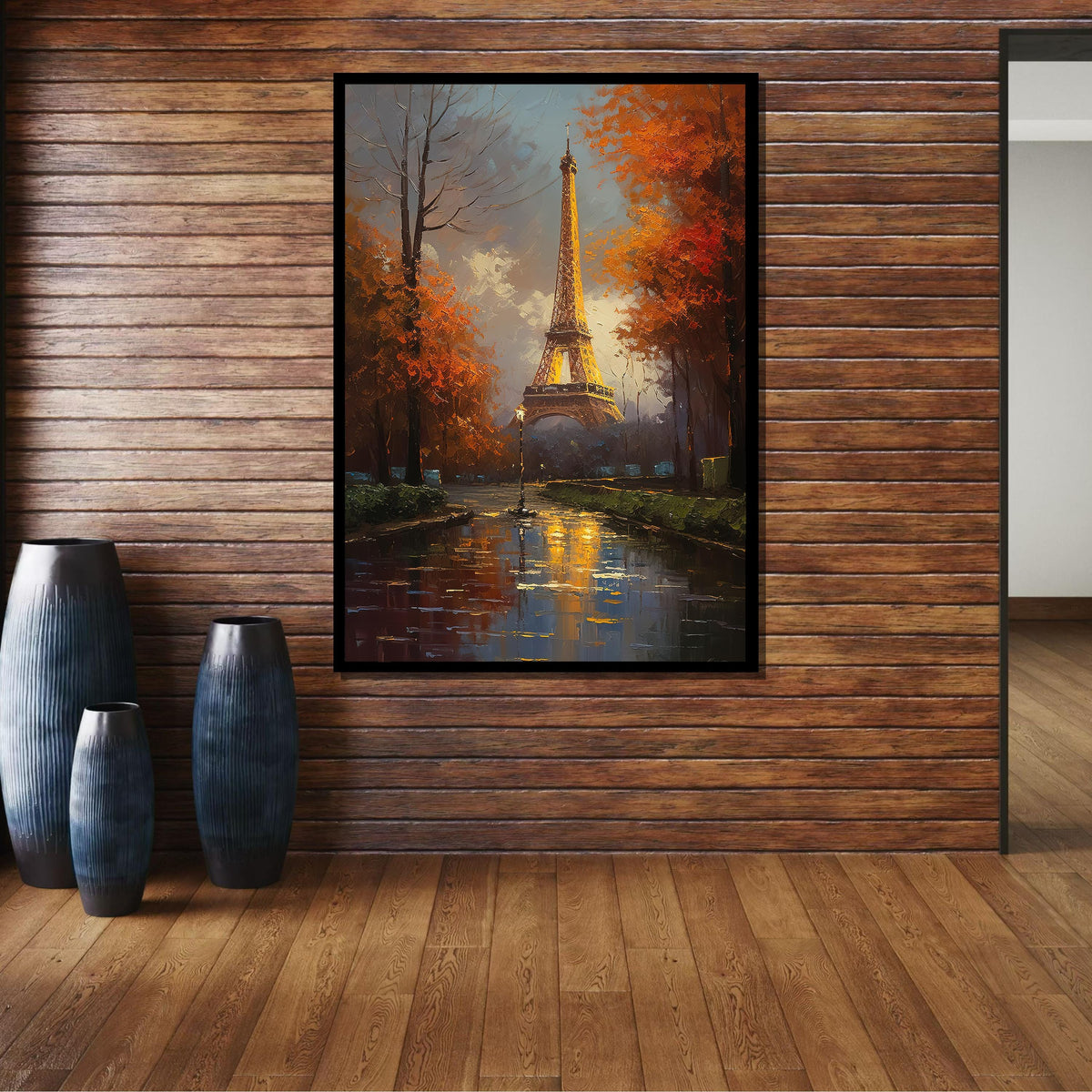 Paris Eiffel Tower in Autumn Canvas, Romantic Cityscape Wall Art, Fall Evening in Paris, Illuminated Eiffel Tower Painting, French Decor