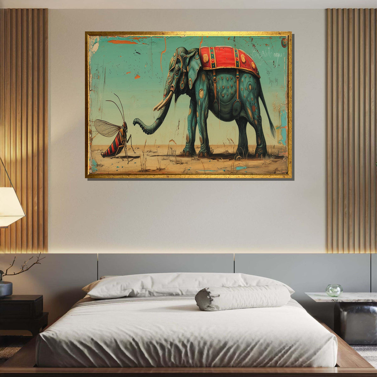 Whimsical Elephant and Insect Canvas Art, Surreal Animal Painting, Quirky Safari Decor, Fantasy Wildlife Wall Art, Playful Nature Print