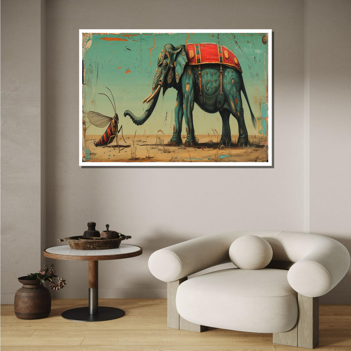 Whimsical Elephant and Insect Canvas Art, Surreal Animal Painting, Quirky Safari Decor, Fantasy Wildlife Wall Art, Playful Nature Print