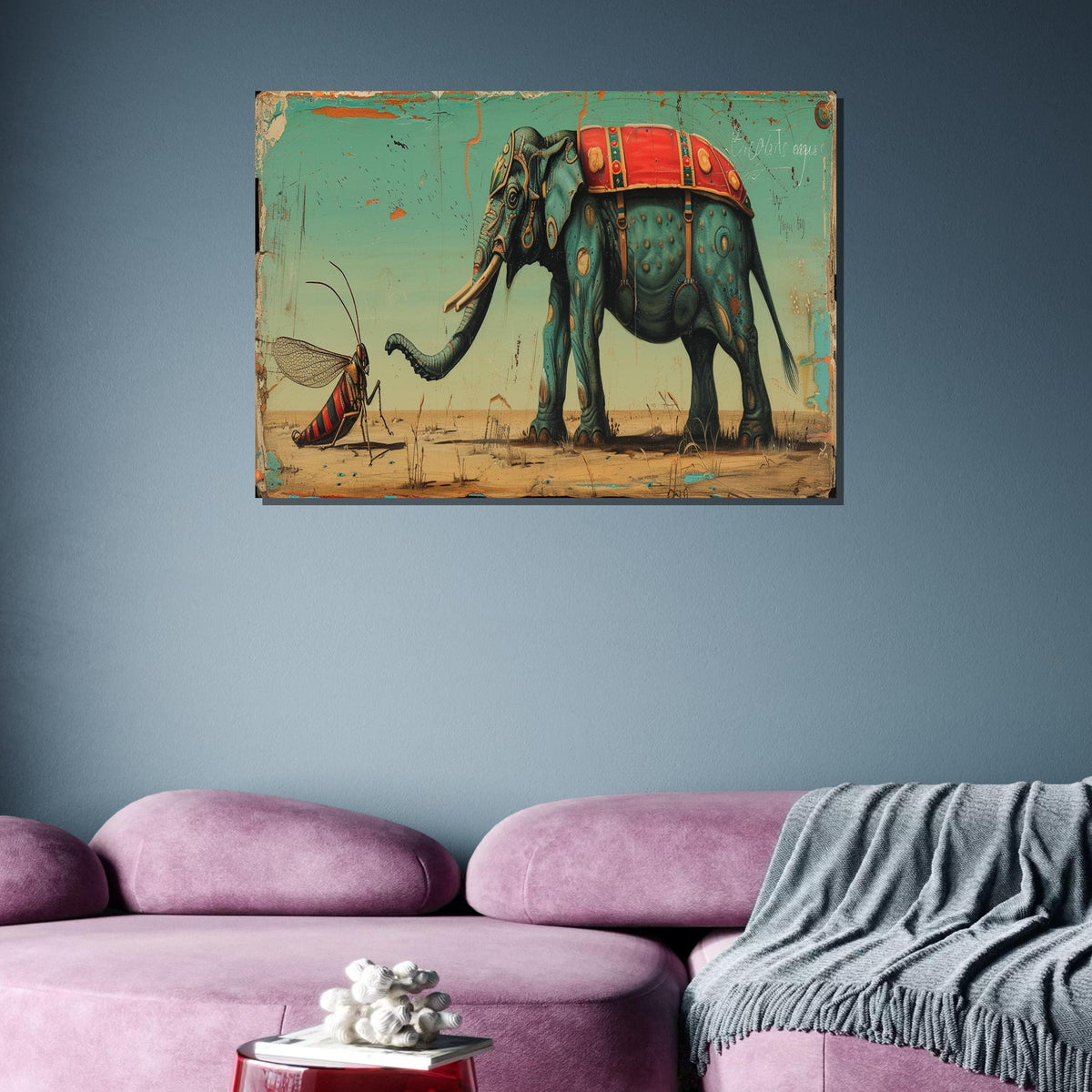 Whimsical Elephant and Insect Canvas Art, Surreal Animal Painting, Quirky Safari Decor, Fantasy Wildlife Wall Art, Playful Nature Print