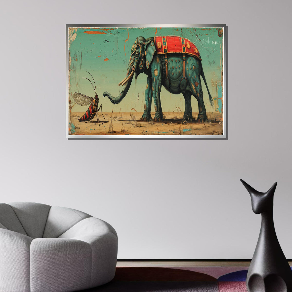 Whimsical Elephant and Insect Canvas Art, Surreal Animal Painting, Quirky Safari Decor, Fantasy Wildlife Wall Art, Playful Nature Print