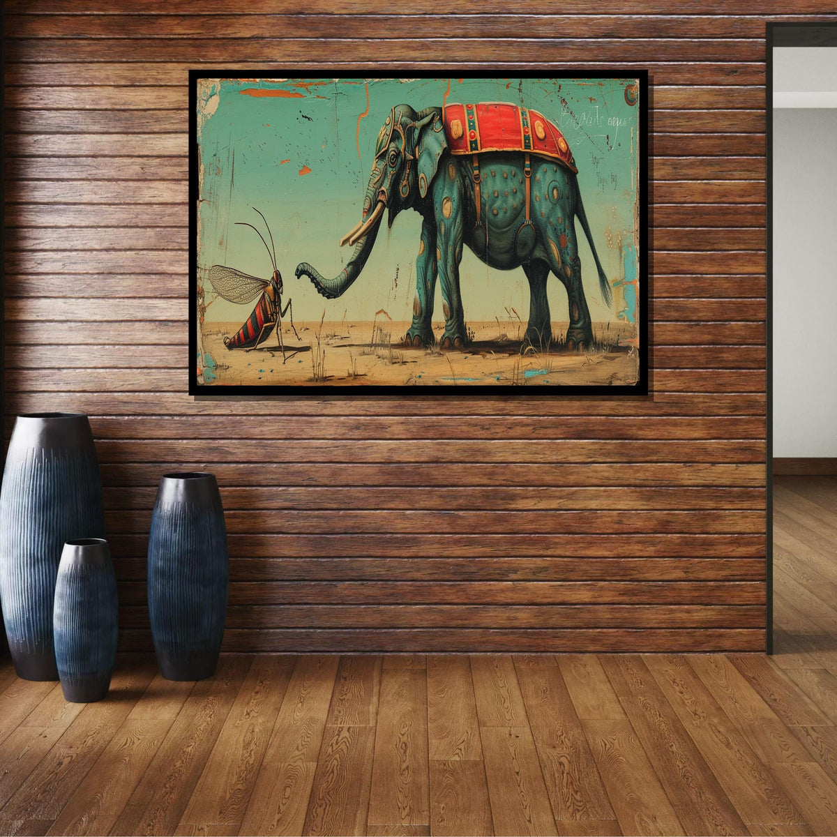 Whimsical Elephant and Insect Canvas Art, Surreal Animal Painting, Quirky Safari Decor, Fantasy Wildlife Wall Art, Playful Nature Print