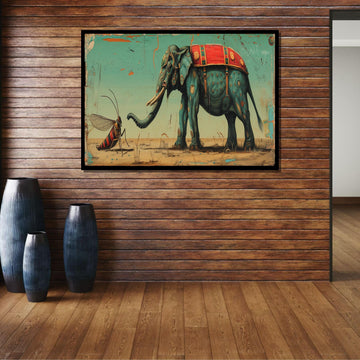 Whimsical Elephant and Insect Canvas Art, Surreal Animal Painting, Quirky Safari Decor, Fantasy Wildlife Wall Art, Playful Nature Print