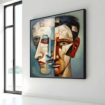 Abstract Dual Faces Canvas Art, Surreal Portrait Painting, Cubist Style Wall Decor, Modern Expressionist Artwork, Fragmented Faces Print