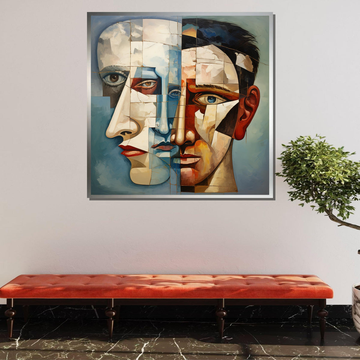 Abstract Dual Faces Canvas Art, Surreal Portrait Painting, Cubist Style Wall Decor, Modern Expressionist Artwork, Fragmented Faces Print