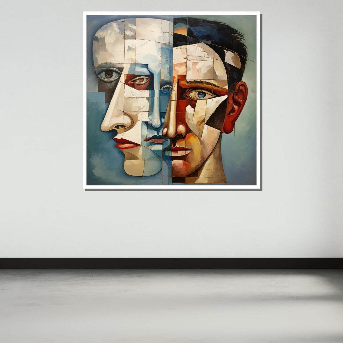 Abstract Dual Faces Canvas Art, Surreal Portrait Painting, Cubist Style Wall Decor, Modern Expressionist Artwork, Fragmented Faces Print