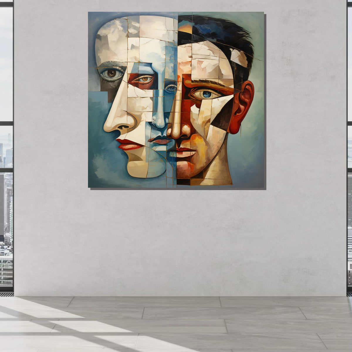 Abstract Dual Faces Canvas Art, Surreal Portrait Painting, Cubist Style Wall Decor, Modern Expressionist Artwork, Fragmented Faces Print