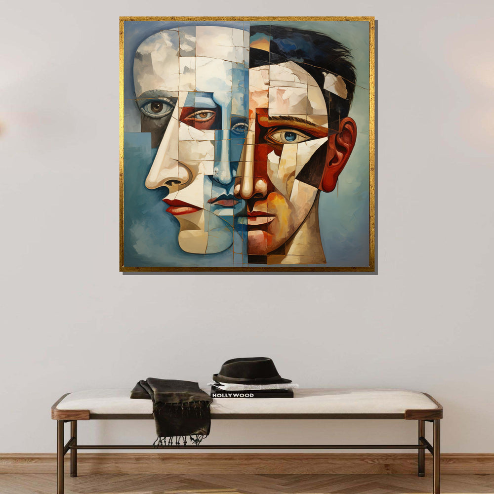 Abstract Dual Faces Canvas Art, Surreal Portrait Painting, Cubist Style Wall Decor, Modern Expressionist Artwork, Fragmented Faces Print