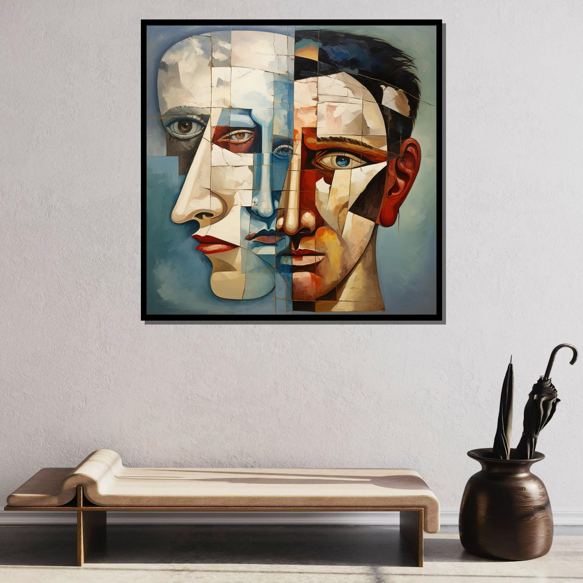 Abstract Dual Faces Canvas Art, Surreal Portrait Painting, Cubist Style Wall Decor, Modern Expressionist Artwork, Fragmented Faces Print