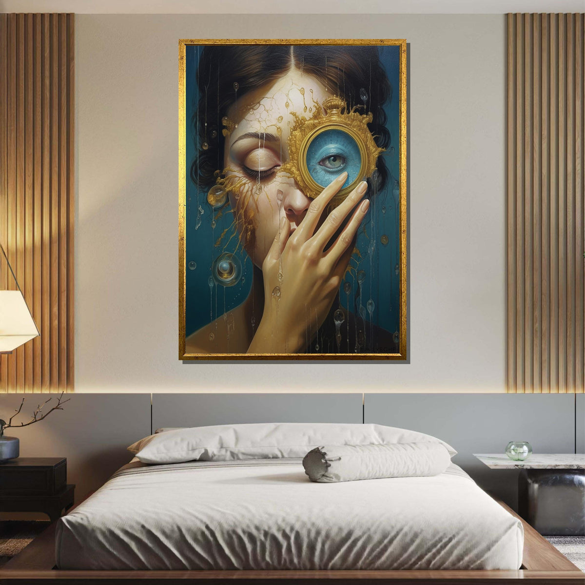 Surreal Woman Portrait with Golden Lens, Dreamlike Eye Art, Emotional Abstract Painting, Unique Surrealist Wall Art,Ethereal Portrait Canvas