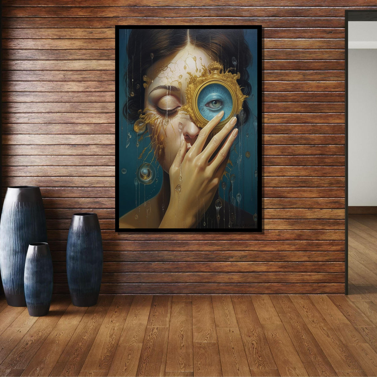 Surreal Woman Portrait with Golden Lens, Dreamlike Eye Art, Emotional Abstract Painting, Unique Surrealist Wall Art,Ethereal Portrait Canvas