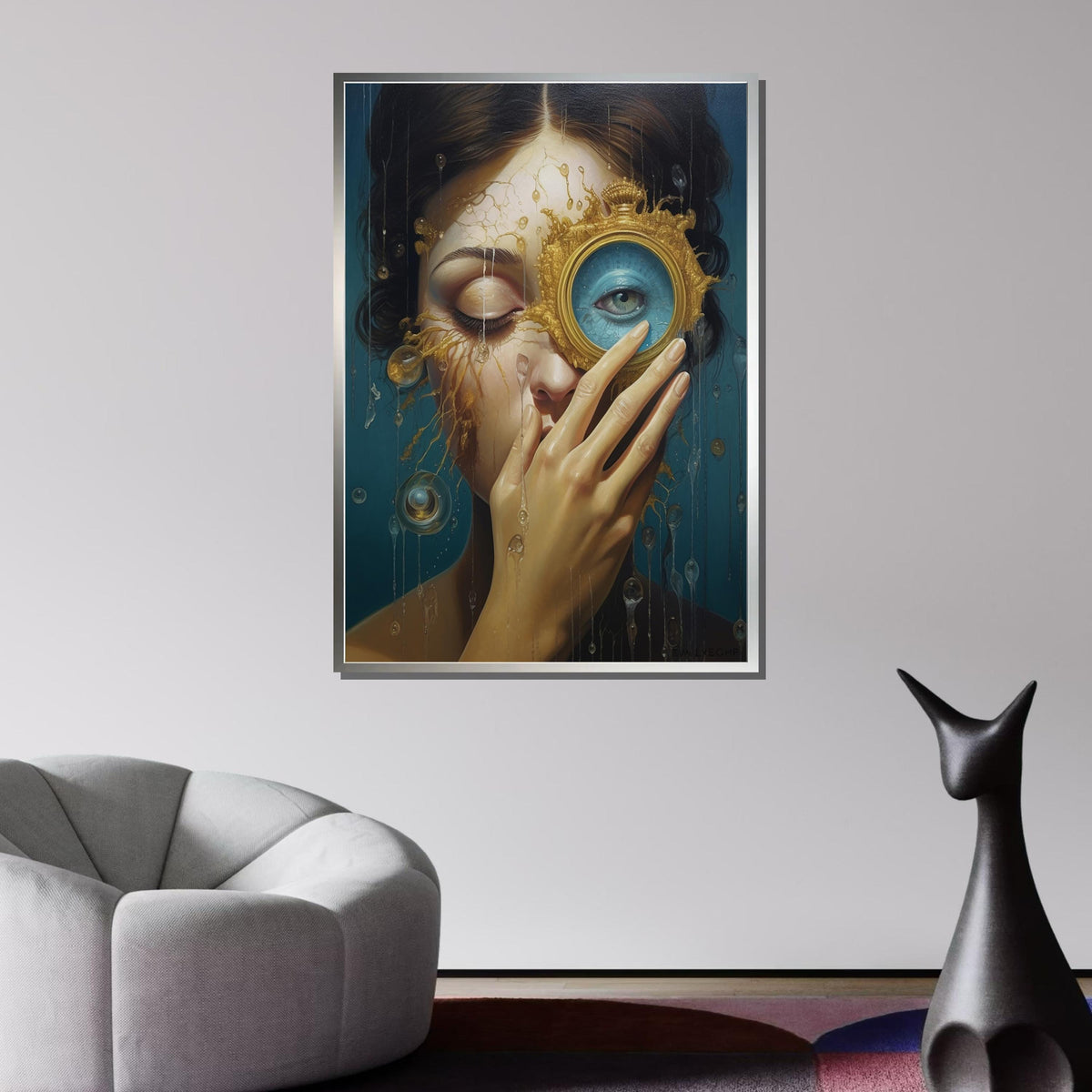 Surreal Woman Portrait with Golden Lens, Dreamlike Eye Art, Emotional Abstract Painting, Unique Surrealist Wall Art,Ethereal Portrait Canvas