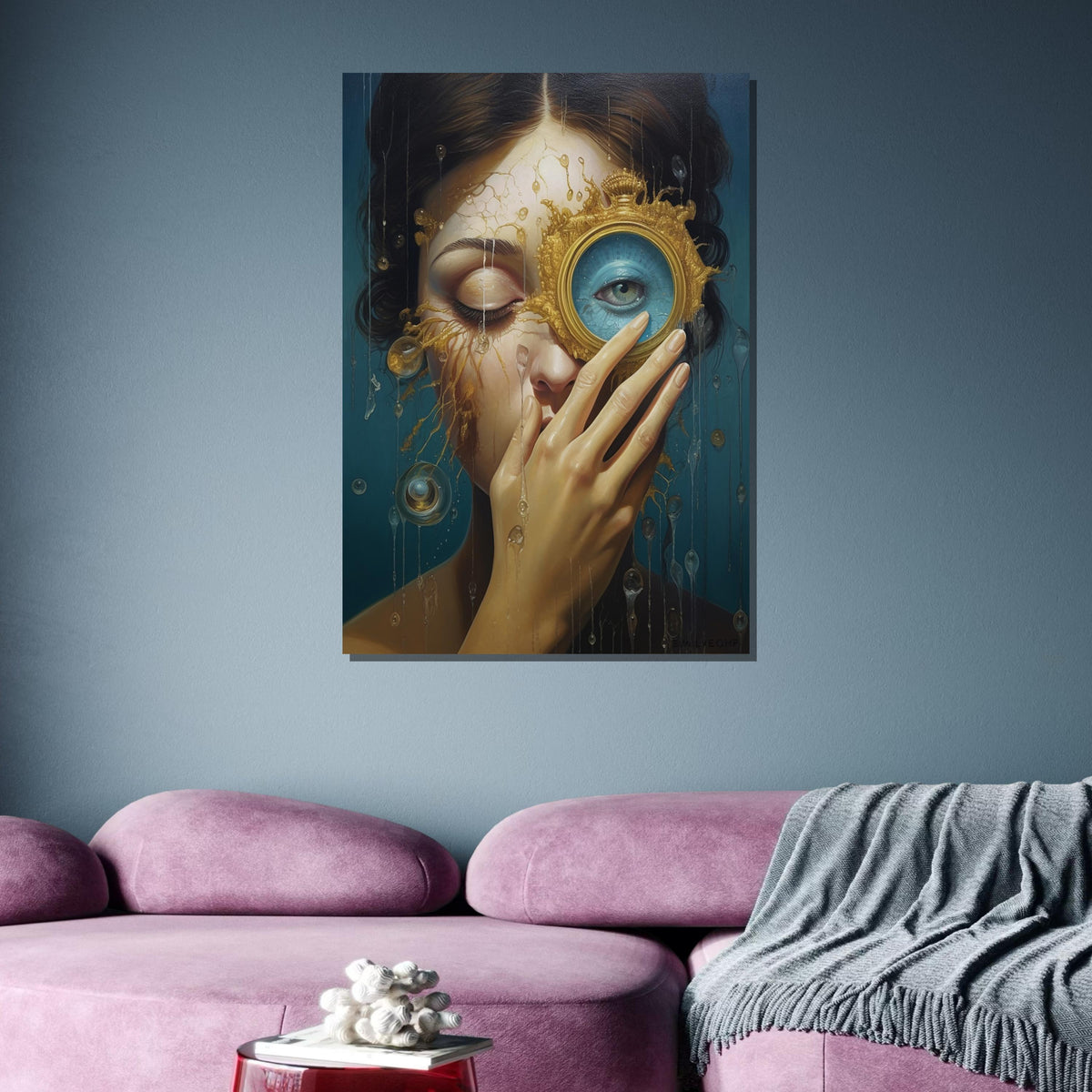 Surreal Woman Portrait with Golden Lens, Dreamlike Eye Art, Emotional Abstract Painting, Unique Surrealist Wall Art,Ethereal Portrait Canvas