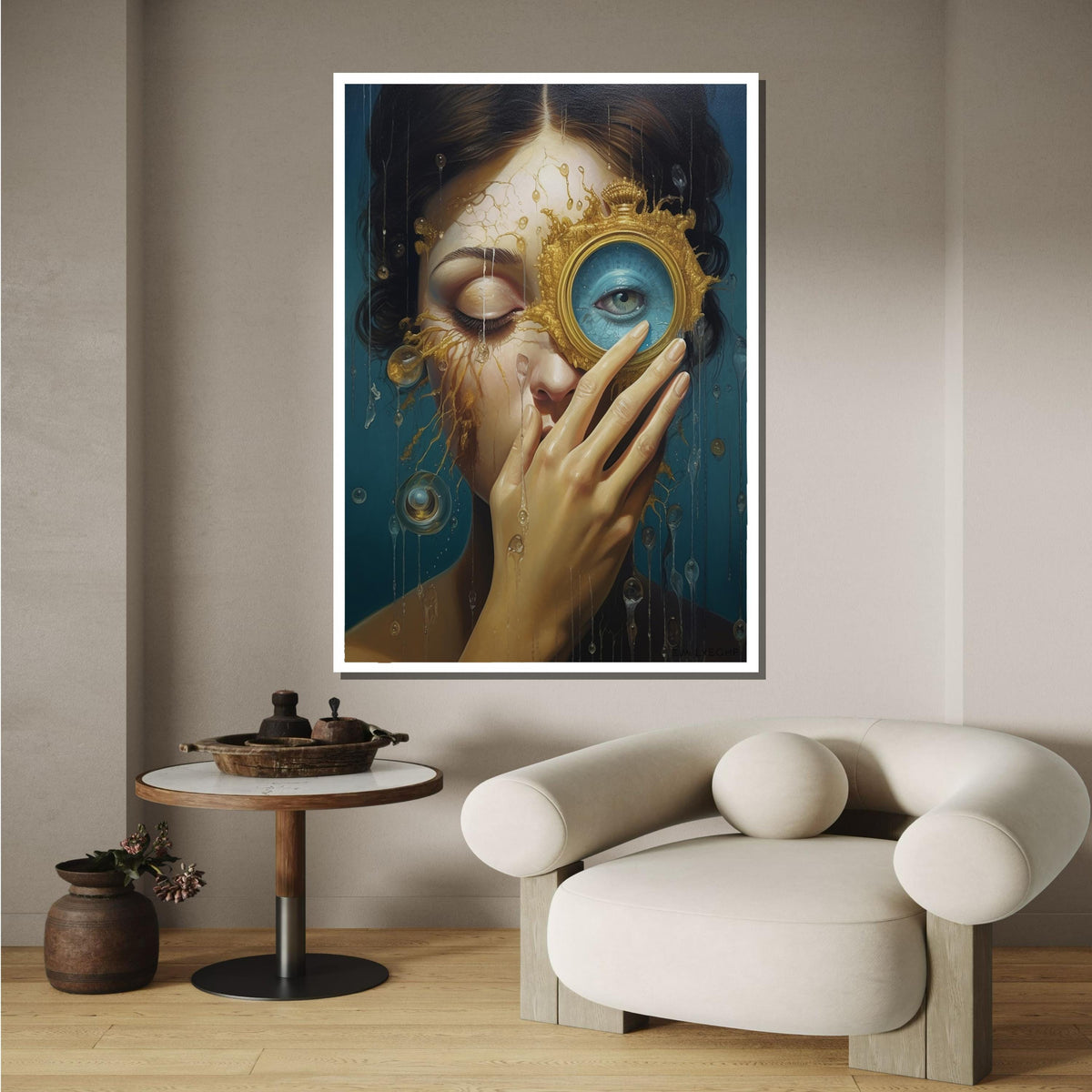 Surreal Woman Portrait with Golden Lens, Dreamlike Eye Art, Emotional Abstract Painting, Unique Surrealist Wall Art,Ethereal Portrait Canvas