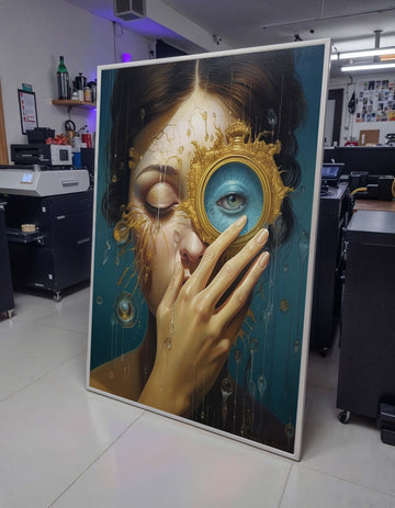 Surreal Woman Portrait with Golden Lens, Dreamlike Eye Art, Emotional Abstract Painting, Unique Surrealist Wall Art,Ethereal Portrait Canvas