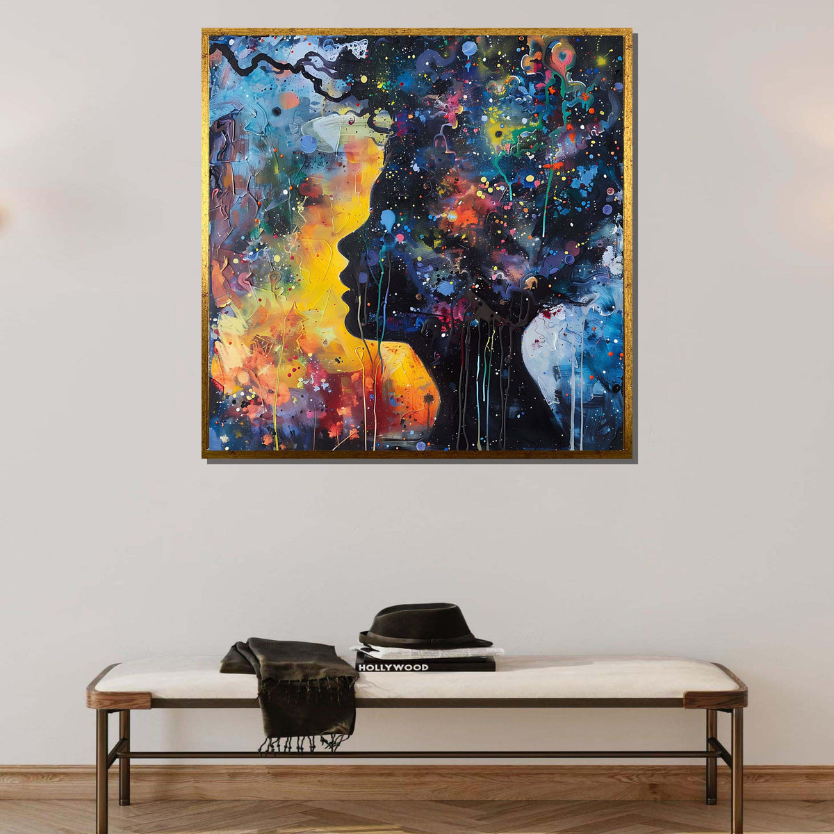 Cosmic Dreamscape Portrait, Abstract Universe Silhouette Art, Colorful Space-Inspired Wall Art, Psychedelic Galaxy Canvas