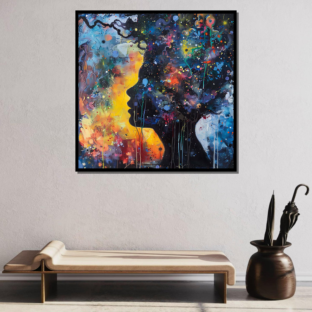 Cosmic Dreamscape Portrait, Abstract Universe Silhouette Art, Colorful Space-Inspired Wall Art, Psychedelic Galaxy Canvas