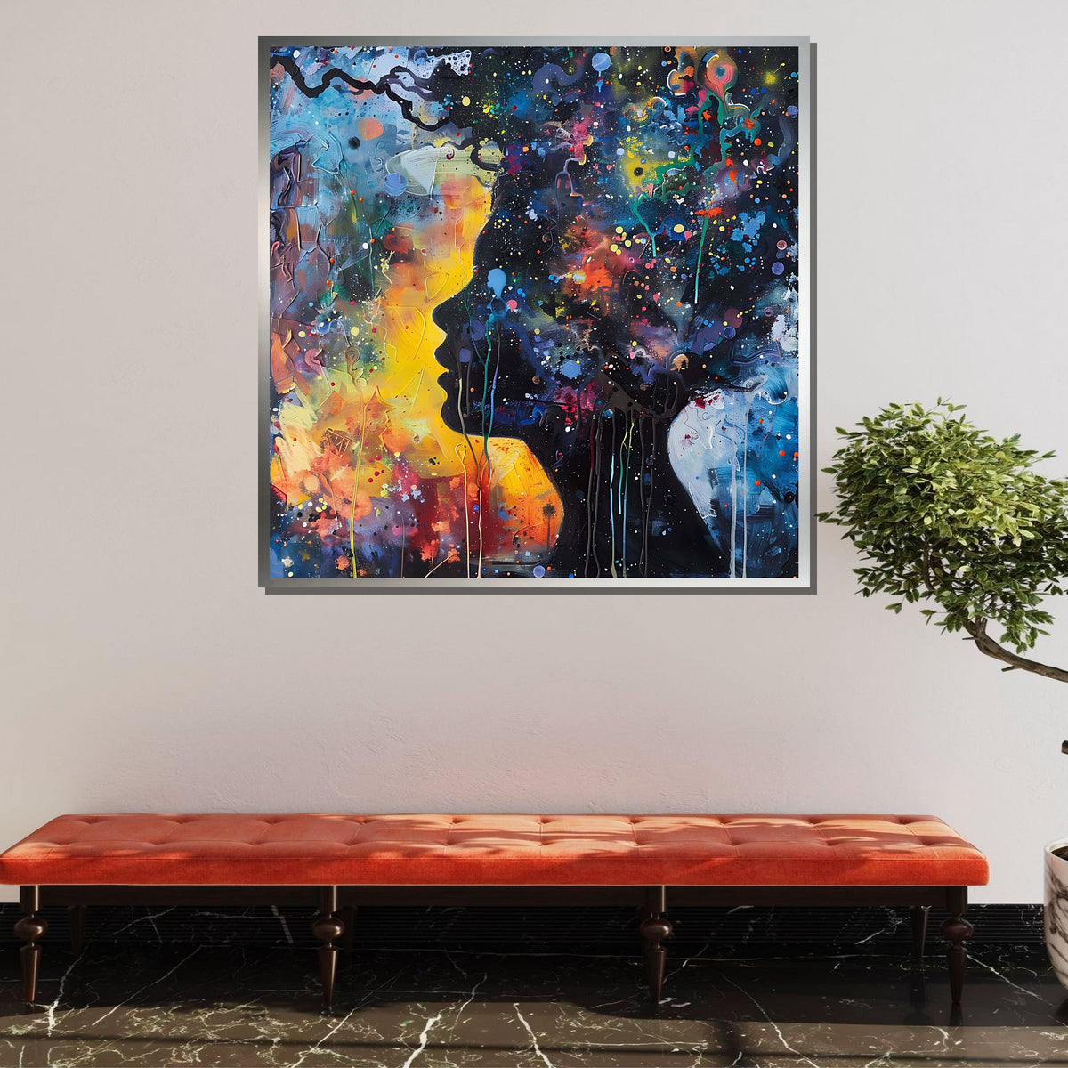 Cosmic Dreamscape Portrait, Abstract Universe Silhouette Art, Colorful Space-Inspired Wall Art, Psychedelic Galaxy Canvas